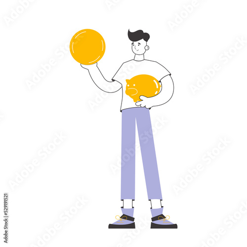 A man holds a coin and a piggy bank in his hands. The theme of saving money. Linear modern style. 
