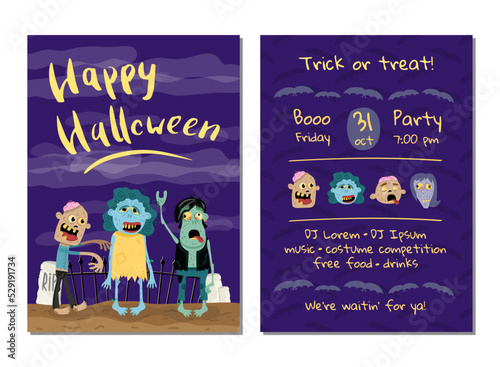 Halloween party invitation with cute zombies in graveyard. Halloween event advertising with funny undeads, festive funny carnival poster. Walking dead characters in cemetery vector illustration.