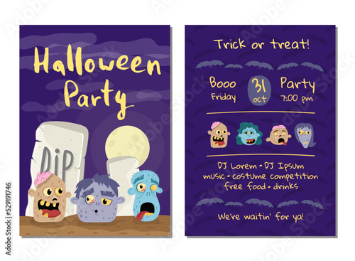 Halloween party invitation with zombie heads in graveyard at full moon. Halloween event advertising with funny undeads, festive cute carnival poster. Walking dead in cemetery vector illustration.