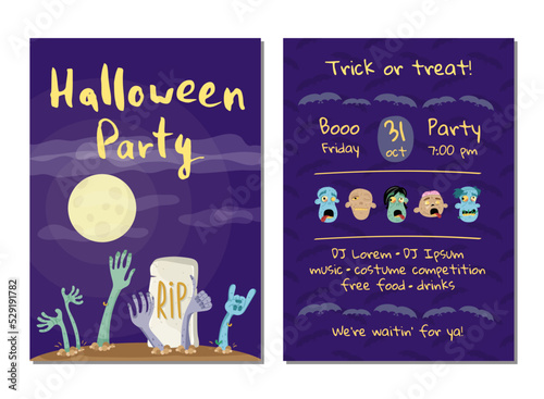 Halloween party invitation with zombies hands in graveyard at full moon. Halloween event advertising with funny undeads, festive cute carnival poster. Walking dead in cemetery vector illustration.