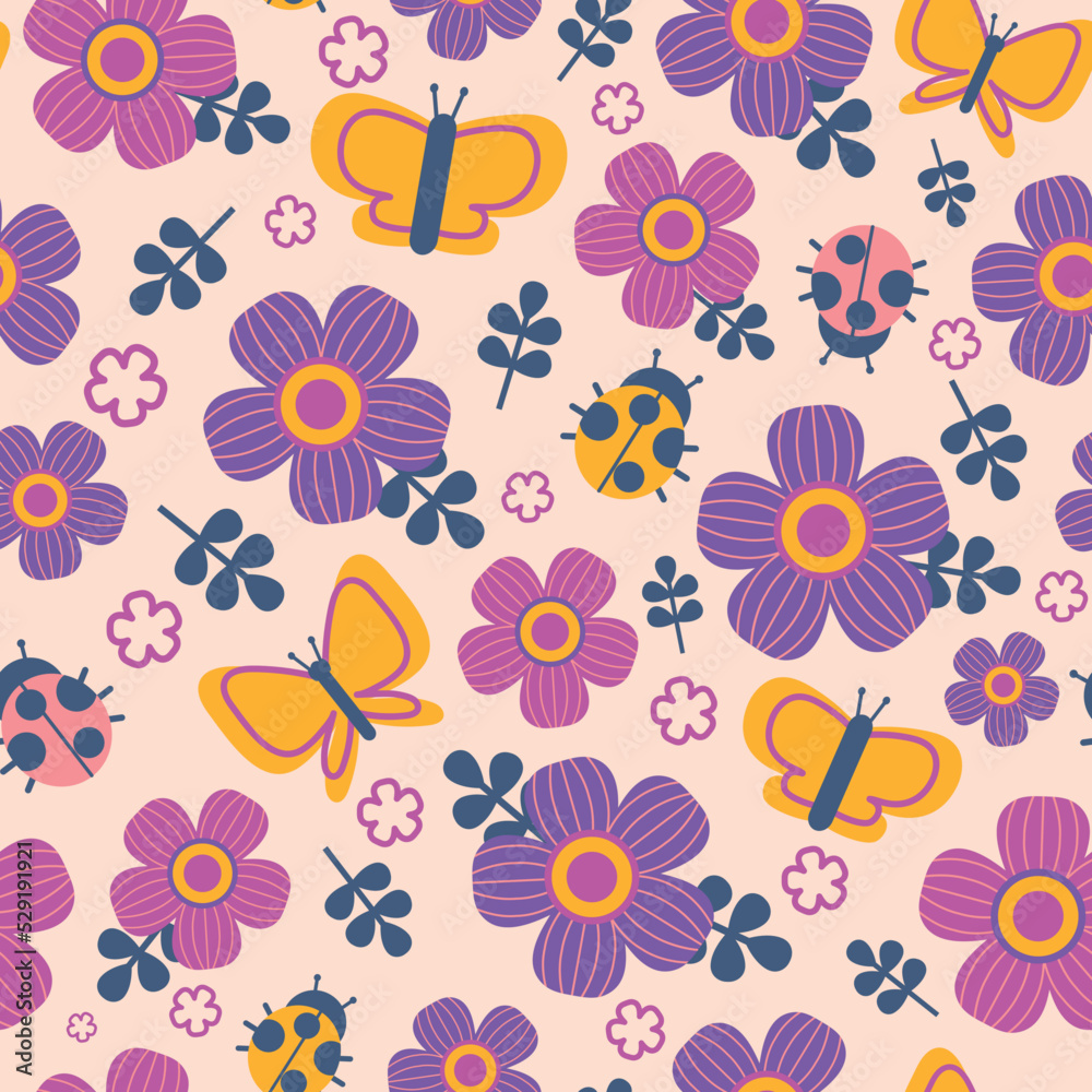 Flowers and butterflies pattern. Seamless print of cute cartoon colorful simple elements, summer garden flowers, bugs and butterflies kids illustration. Vector texture