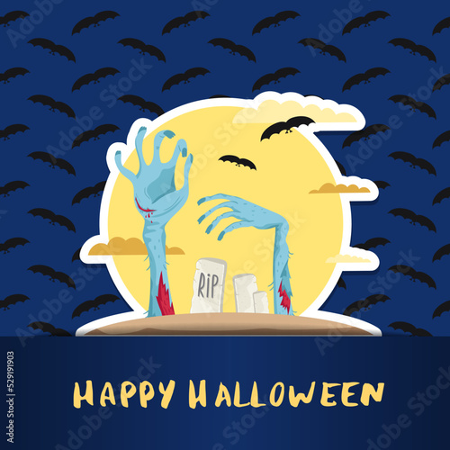 Happy Halloween poster with blue monster hands in graveyard. Halloween event advertising with funny undead, festive carnival poster layout. Walking dead character in cemetery vector illustration
