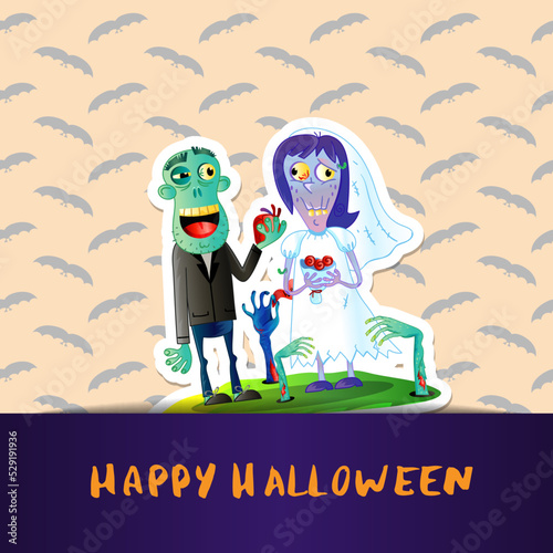 Happy Halloween poster with cute zombie wedding couple in graveyard. Halloween event advertising with funny undead, festive carnival poster. Monsters marriage in cemetery vector illustration