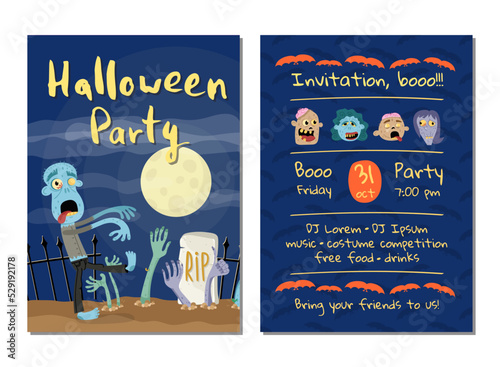 Zombie party invitation with walking dead man in graveyard at full moon. Halloween event advertising with funny undeads, festive carnival poster. Zombie character in cemetery vector illustration