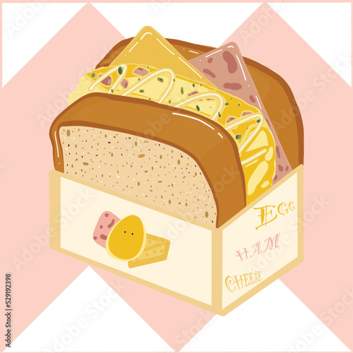 Korean sandwich or egg drop with toasted bread, scrambled egg, ham, mayonnaise, oregano, cheeses in cute designed ready to eat box. Hand drawn flat vector illustration isolated on white background