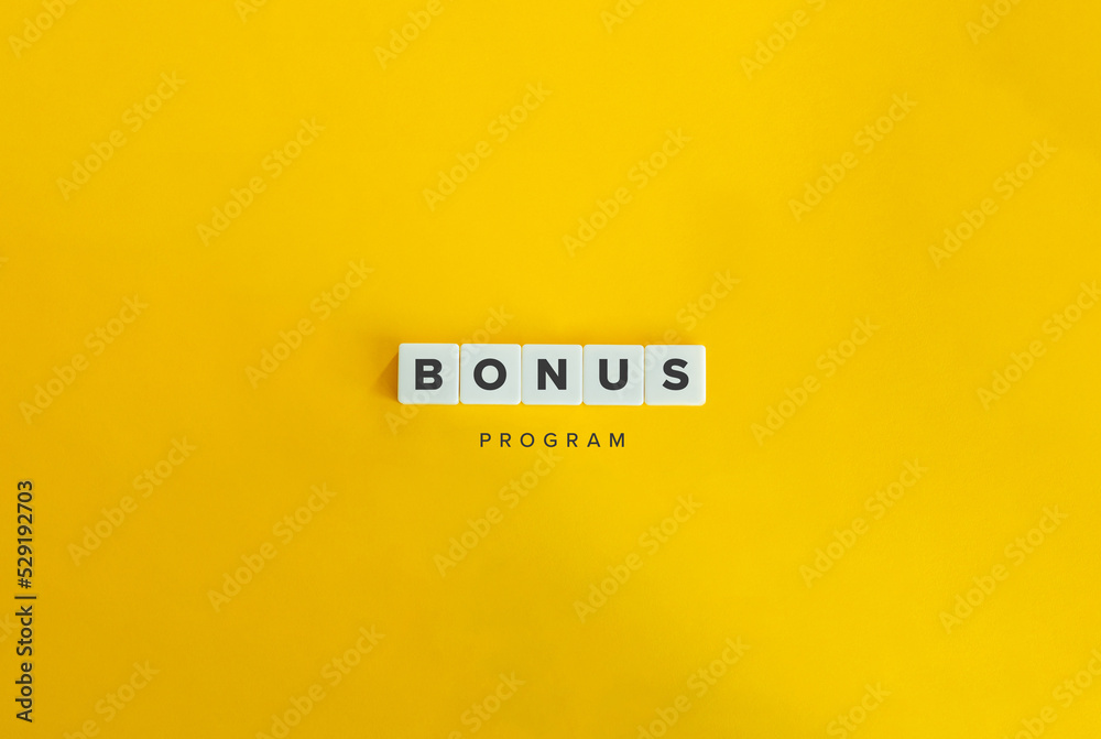 Bonus Program Banner. Letter Tiles on Yellow Background. Minimal Aesthetics. Bonus Program Banner. Letter Tiles on Yellow Background. Minimal Aesthetics.