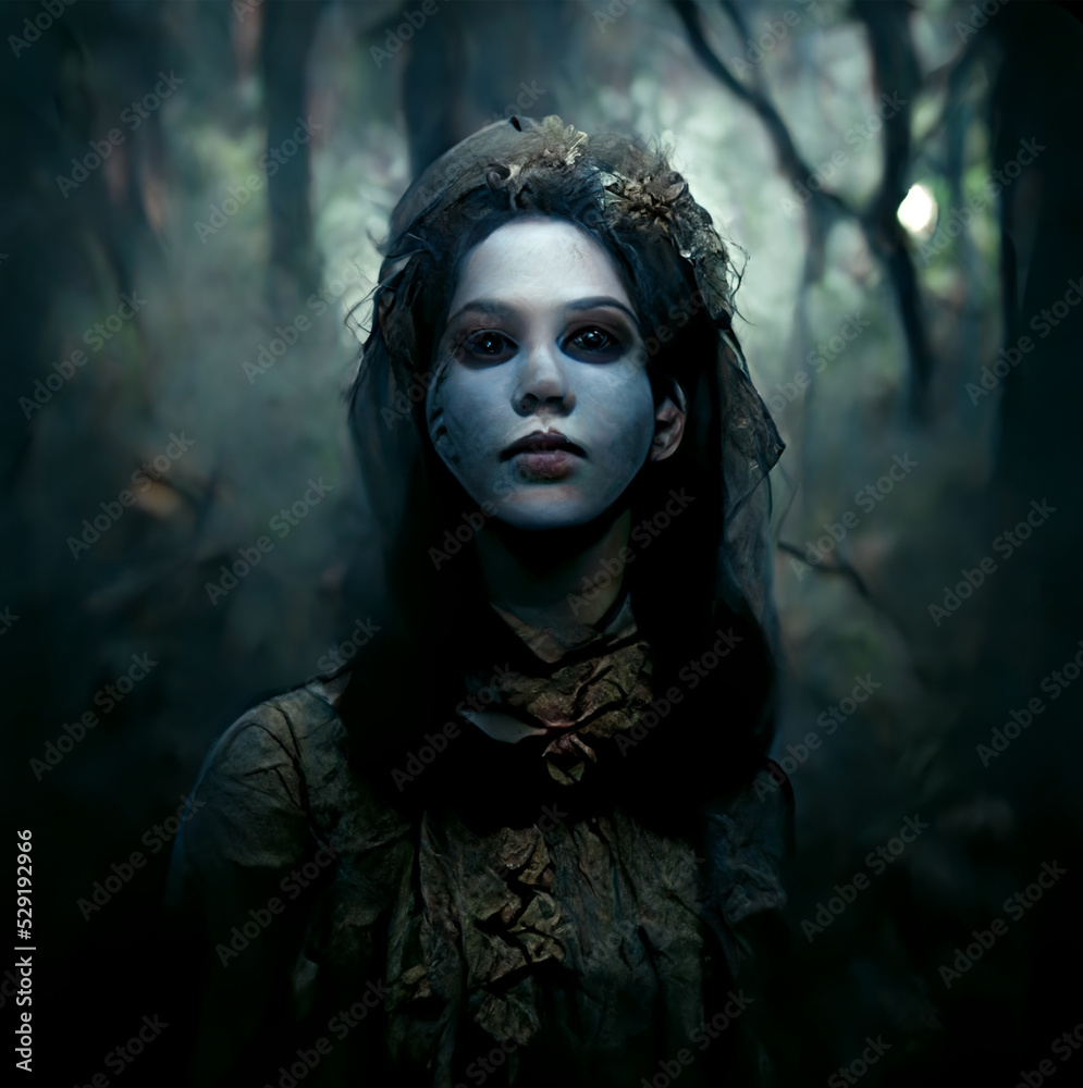scary ghost woman in dark forest Halloween digital art