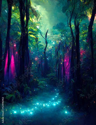 Canvas-taulu dark green fairy tale forest with ethereal lights digital art