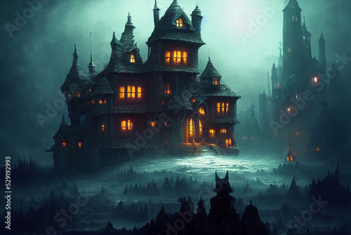 Halloweeen castle scenery with full moon in majestic night sky and highly detailed natural environment landscape.