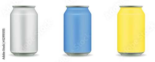 Vector realistic 3d empty glossy metal white or silver, blue and yellow aluminium beer pack or can set. 330ml. Can for beer, alcohol, soft drink, soda, cola, lemonade