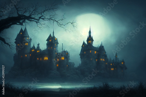 Leinwand Poster Halloweeen castle scenery with full moon in majestic night sky and highly detailed natural environment landscape