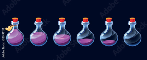 Empty potion flask. Cartoon game elixir usage sequence icon asset  colorful magic potion animation frames kit. Vector poison and antidote pictograms set