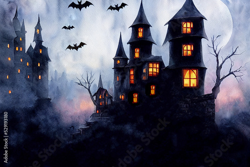 Foto Halloweeen castle scenery with full moon in majestic night sky and highly detailed natural environment landscape