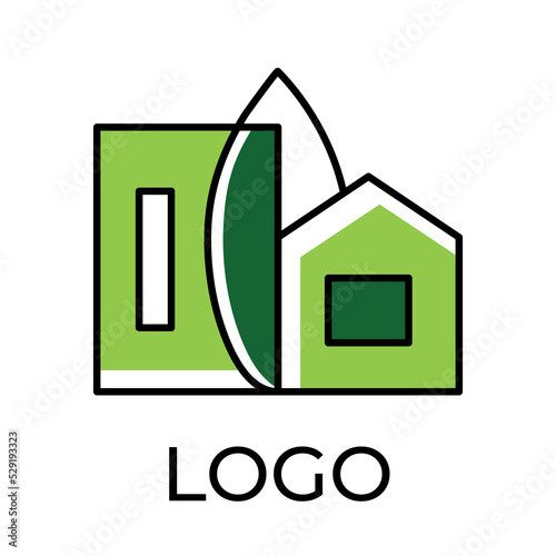 Eco city logo design, line art, outline, simple. Vector minimal green icon of house building