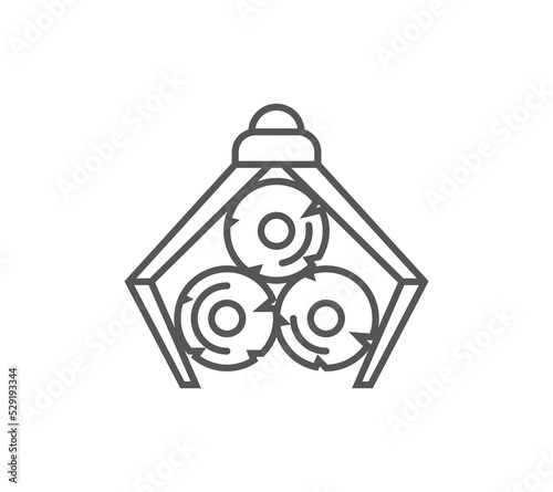 Crane loading wooden logs icon in linear style. Joinery workshop product and equipment, sawmill element, woodwork tool vector illustration.
