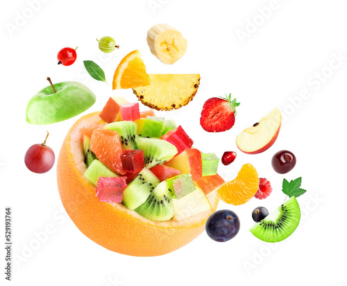 Fresh mixed fruits isolated on transparent background. Fruit salad. PNG