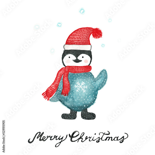 christmas card with watercolor penguin.