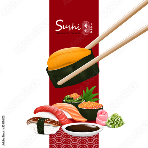 Set of sushi japanese traditional food with different kind vector illustration japanese text mean sushi japanese cuisine
