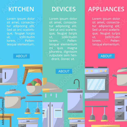 Kitchen devices and appliances flyers. Home interior design, modern apartment decoration. Cooking table, wash basin, gas stove, refrigerator, stool, lamp, air extractor vector illustration.