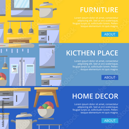 Kitchen place poster set. Home interior design, modern apartment decoration, furniture renovation. Cooking table, wash basin, gas stove, refrigerator, stool, lamp, air extractor vector illustration.