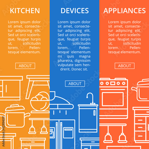 Kitchen devices and appliances linear flyers. Home interior design, modern apartment decoration. Cooking table, wash basin, gas stove, refrigerator, stool, lamp, air extractor vector illustration.