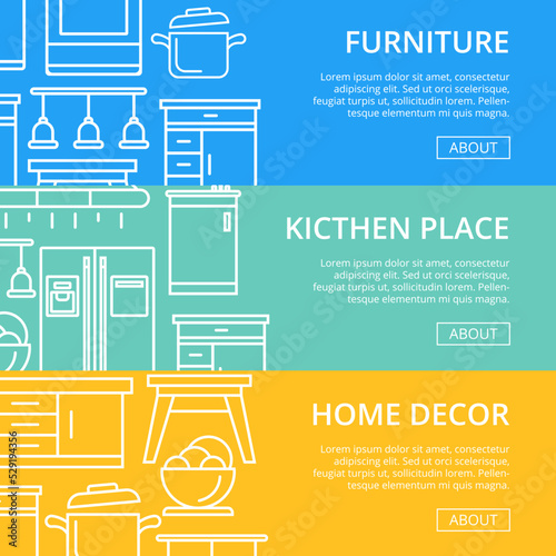 Kitchen place linear poster set. Home interior design, modern apartment decoration, furniture renovation. Cooking table, wash basin, gas stove, refrigerator, stool, air extractor vector illustration.