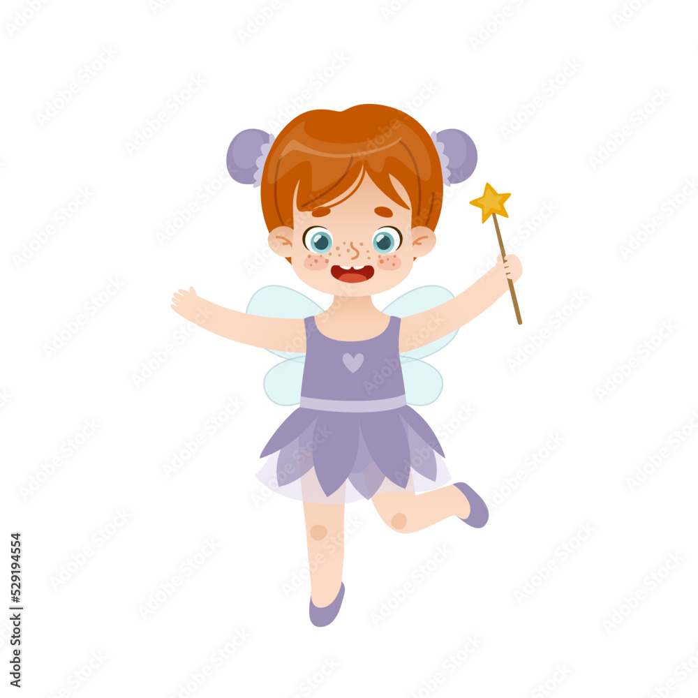 Cute red hair girl in fairy costume with wings and magic wand. Cartoon happy child in halloween costume.