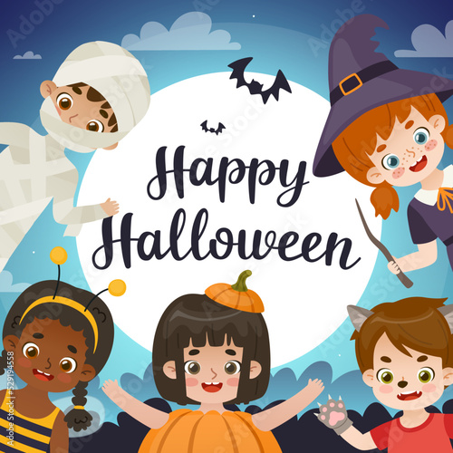 Halloween congratulation with kids dressed up in costumes. Cute cartoon children on halloween party.