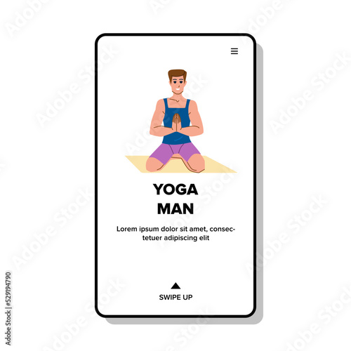 yoga man vector. workout guy, male exercise, mat pose yoga man web flat cartoon illustration