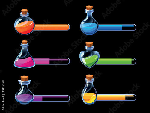 Potion progress bar. Life elixir bottles GUI asset, cartoon poisoning container health energy resource for mobile video game menu. Vector set