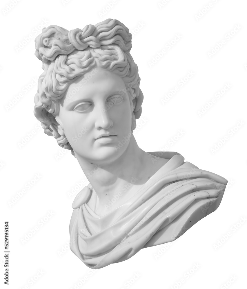 God Apollo bust sculpture. Ancient Greek god of Sun and Poetry Plaster copy of a marble statue isolated on white with clipping path - obrazy, fototapety, plakaty 