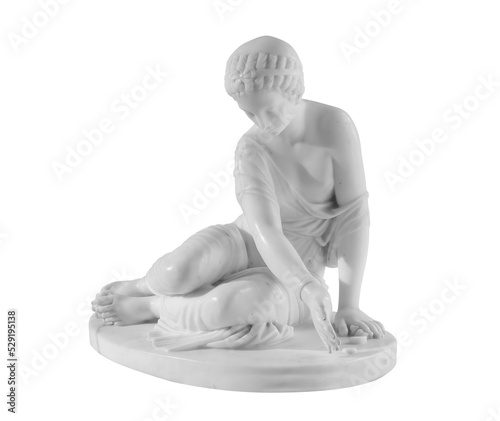 Ancient marble statue of a young sitting woman. Antique female sculpture. Sculpture isolated on white background with clipping path