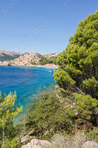 Fototapeta Naklejka Na Ścianę i Meble -  Beautiful seascape of rocky coast and clear waters of the Mediterranean Sea near Baska at the island of Krk, Croatia