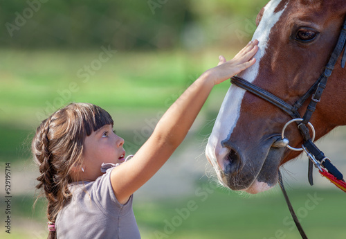 little girl petting a horse