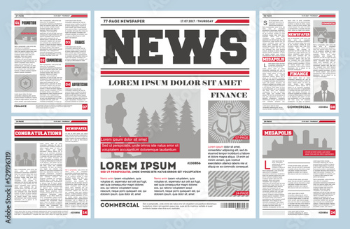 Vintage newspaper journal template. Typography design with columns, daily news page layout, info press concept. Paper tabloid on newsprint, reportage information vector illustration.