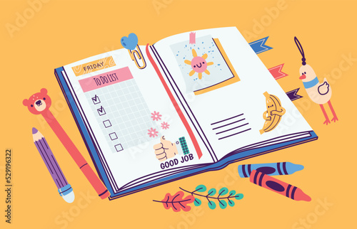 Open planner. Cartoon diary with notes reminder checklist plan colorful decoration, minimal cute notebook with stationery. Vector flat illustration