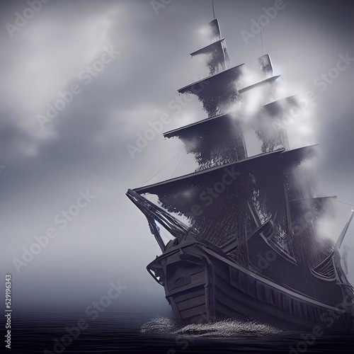Fotobehang the ship in the foggy sea