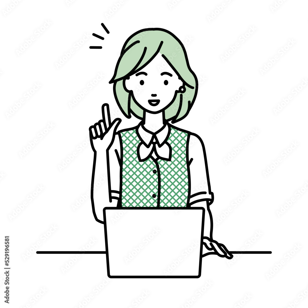 デスクで座ってPCを開いて何かひらめいた事務員制服の女性 デスクで座ってPCを開いて何かひらめいた事務員制服の女性