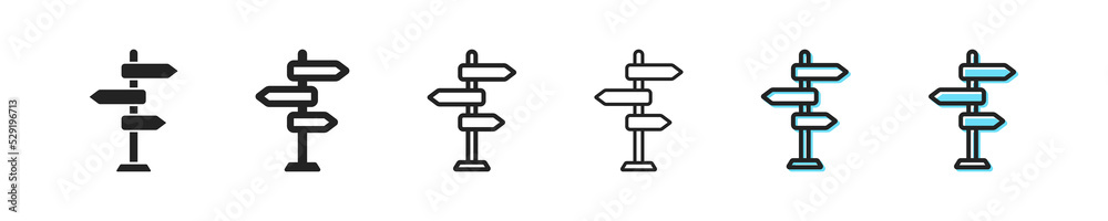 Signpost icon. Sign arrow vector symbol. Simple outline direction icon. Direction arrow icons set. Way black and blue web icons. Signpost icon. Sign arrow vector symbol. Simple outline direction icon. Direction arrow icons set. Way black and blue web icons.