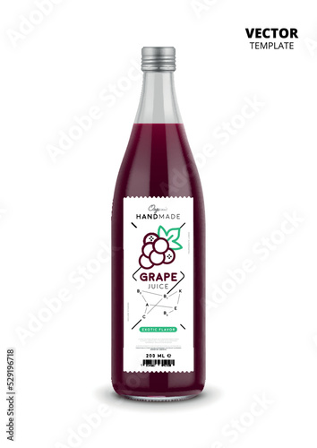 Grape juice realistic glass bottle with label. Healthy organic product, natural vegan nutrition vector packaging mockup. Layout of food identity branding, modern packaging design for fresh fruit juice