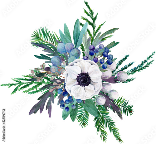 Fototapeta White anemone with leaves, Watercolor floral arrangement