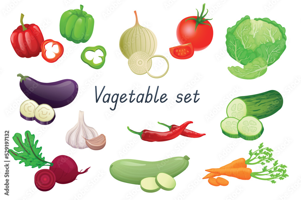 Vegetable 3d realistic set. Bundle of pepper, onion, tomato, cabbage, eggplant, beetroot, garlic, zucchini, chili, cucumber, carrot and other vegetarian nutrition isolated elements.Vector illustration Vegetable 3d realistic set. Bundle of pepper, onion, tomato, cabbage, eggplant, beetroot, garlic, zucchini, chili, cucumber, carrot and other vegetarian nutrition isolated elements.Vector illustration
