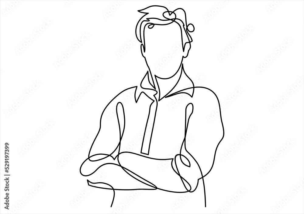 business man in a crossed his arms thinking - continuous line drawing