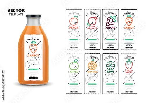 Fresh juice vector packaging mockup set. Realistic glass bottle with modern linear labels, food identity branding. Apple, kiwi, pomegranate, orange, grape, carrot, peach and strawberry juice stickers