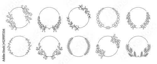 Round decorative floral frames. Line sketch of laurel branches and circle borders for tattoo and greeting card framing. Vector wedding invitation decoration set