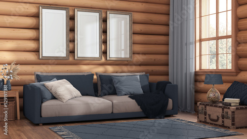 Log cabin living room in gray and beige tones. Fabric sofa, carpet and windows. Frame mockup, farmhouse interior design