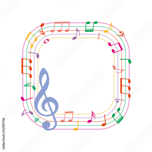 Colorful music notes, musical square frame with round angles, vector illustration.