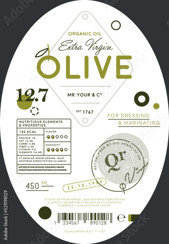 Organic olive oil label template. Healthy agriculture product, natural vegetarian nutrition vector illustration. Layout of food identity branding, modern packaging design for extra virgin olive oil.