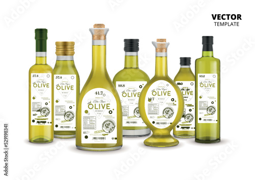 Extra virgin olive oil realistic glass bottles set with labels. Layout of food identity branding, modern packaging design. Healthy organic product, natural vegetarian nutrition vector illustration