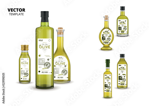 Natural extra virgin olive oil realistic glass bottles with labels isolated on white background. Layout of food identity branding, modern packaging design. Healthy organic product vector illustration